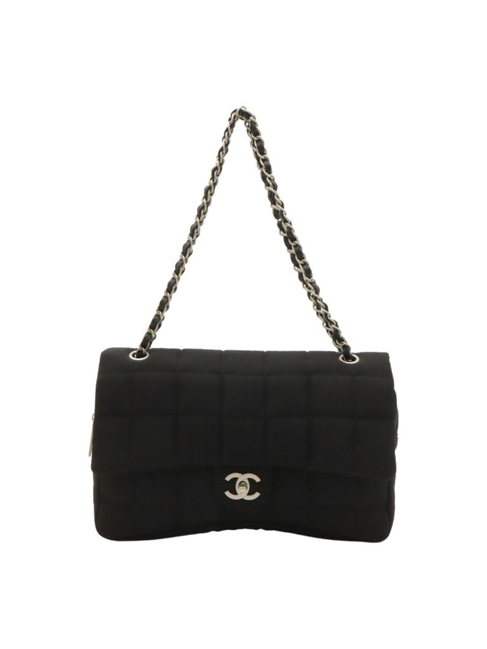 Chanel Choco Bar CC Logo Chain Shoulder Bag Quilted Nylon Black Silver